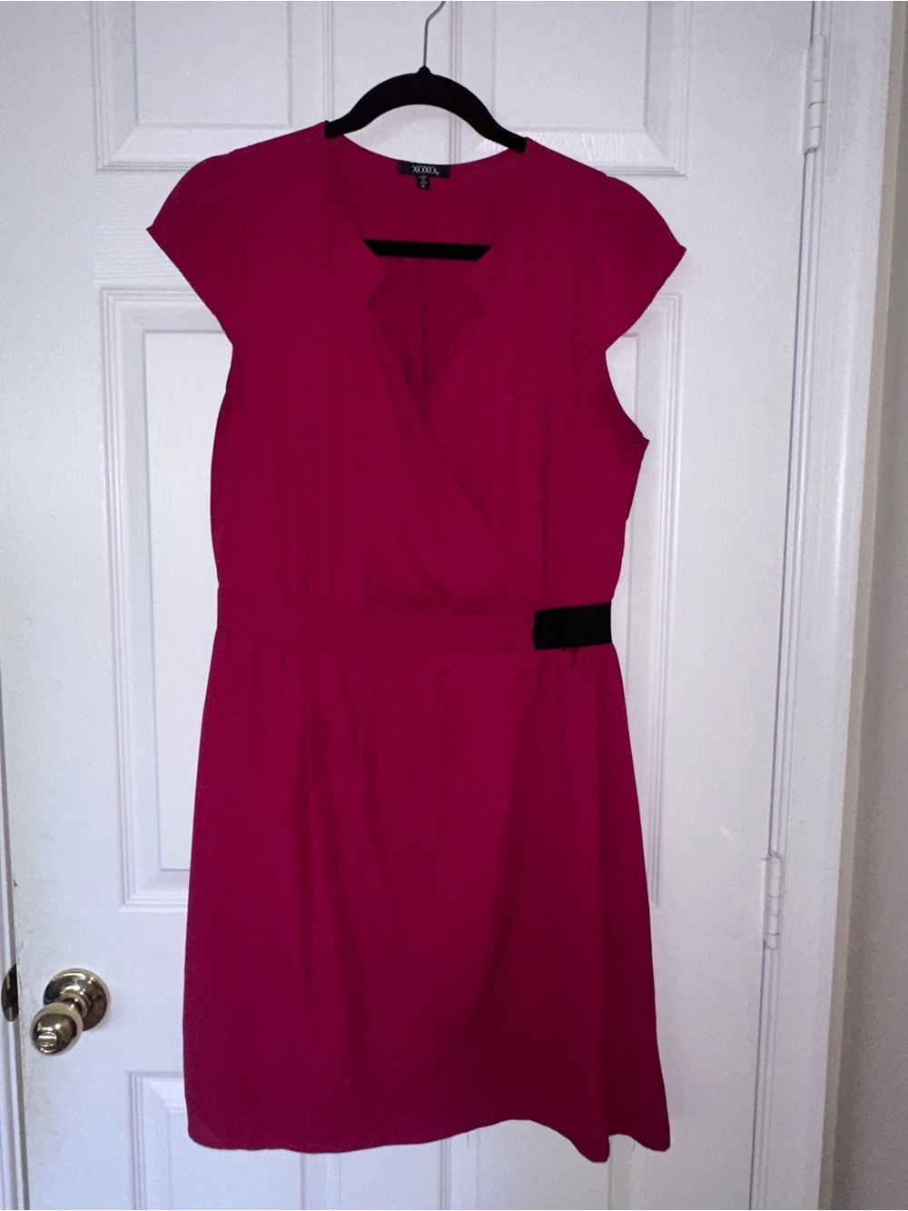 XOXO Fuchsia Wrap-Front Cap Sleeve Dress with Black Waist Accent